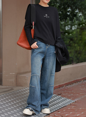 ise“基础之上”含棉羊毛logo刺绣黑色百搭打底长袖T恤K2540905