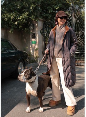 ise“复古巴恩风”立领长款香芋紫色保暖休闲羽绒外套P2541245