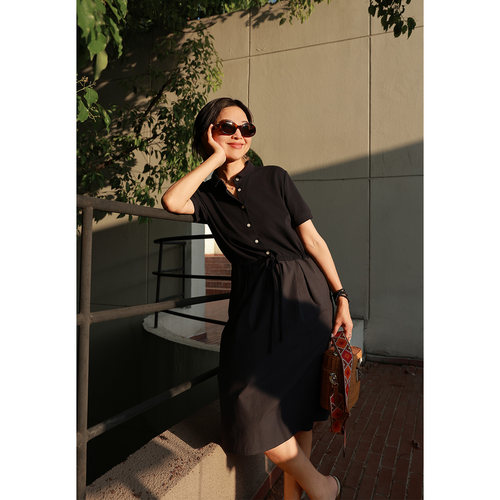ise“闲日风物”polo领拼接衬衫连衣裙休闲抽绳收腰KAAU0720