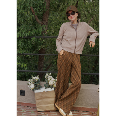 ise“复古美拉德”棕色菱形格图形复古宽松阔腿长裤K2540613