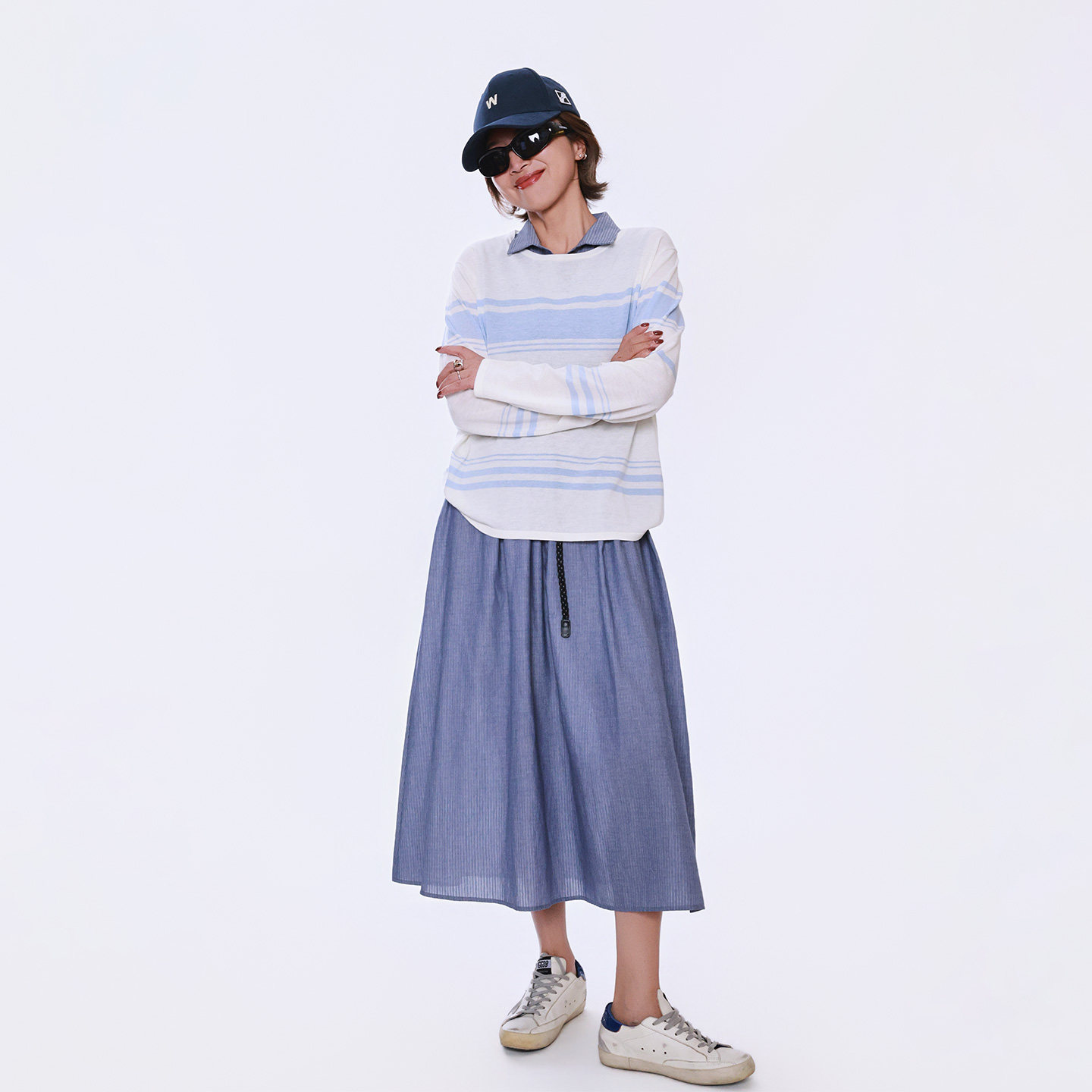 ise“chill 通勤”无龄感蓝色条纹衬衫领无袖休闲连衣裙PAAU0701