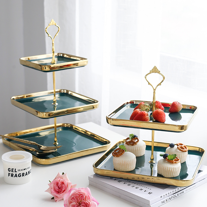 轻奢金边风三层点心盘陶瓷蛋糕架