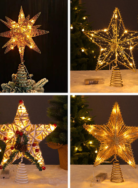 圣诞树顶星发光电池LED灯铁艺五角星星商用布置圣诞节装饰品家用