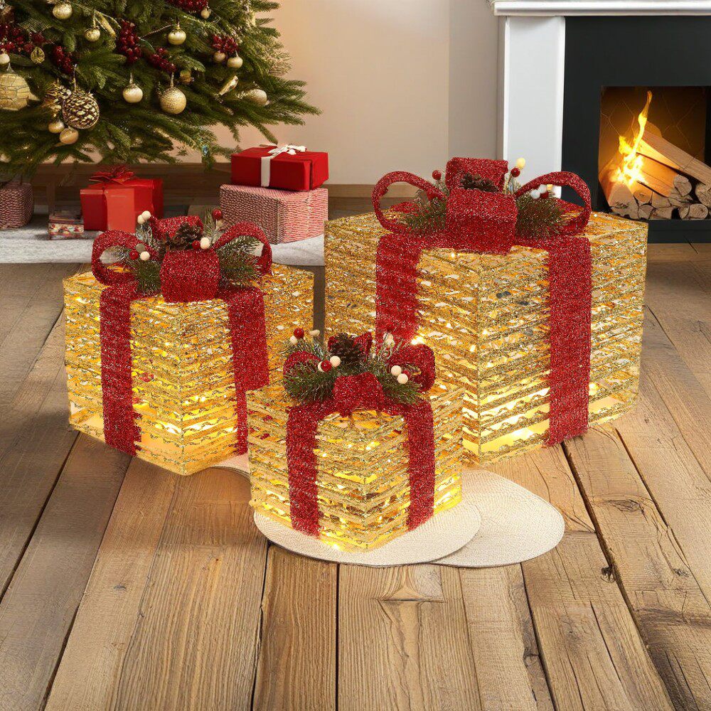 发光圣诞礼物盒圣诞节植绒圣诞树摆件橱窗电池款铁艺圣诞装饰品