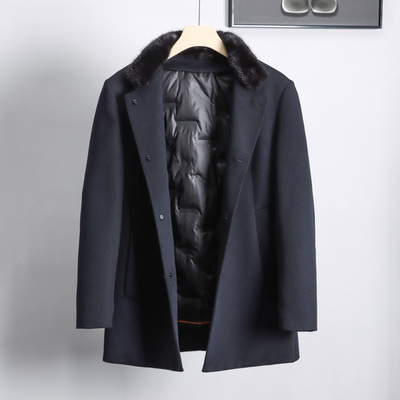 绵羊毛+鹅绒内胆呢大衣水貂毛领