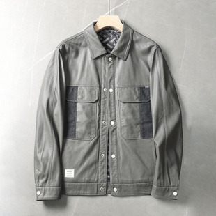 柔软超纤皮 品牌撤柜秋冬加厚加绒保暖皮夹克翻领皮衣 立体拼接