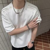 美式 潮牌痞帅cleanfit正肩t恤立体廓形半截袖 拼接设计短袖 男夏季