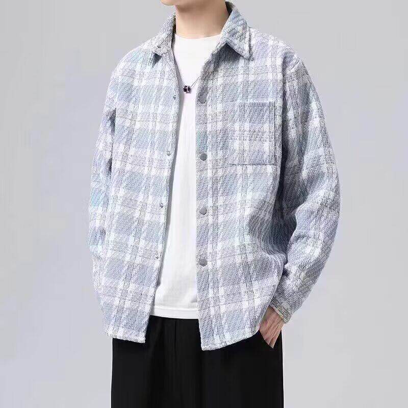 花衬衫小香风翻领毛呢衬衣男士