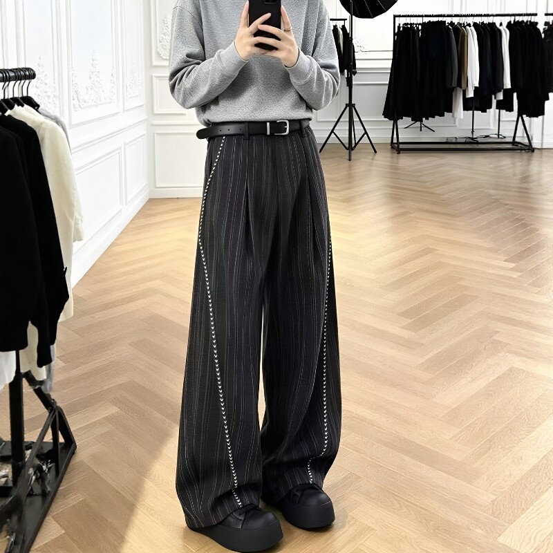 老钱风条纹休闲裤男女夏季美式