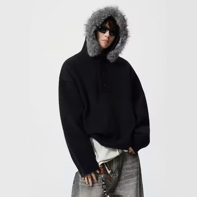 美式复古毛领连帽针织衫男女潮牌