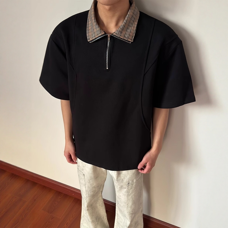 千鸟格拼接短袖polo衫男夏季老钱风重磅半袖t恤高级感痞帅五分袖