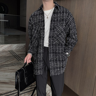 韩版小香风外套男春秋高级感痞帅男装oversize潮牌格子衬衫式夹克