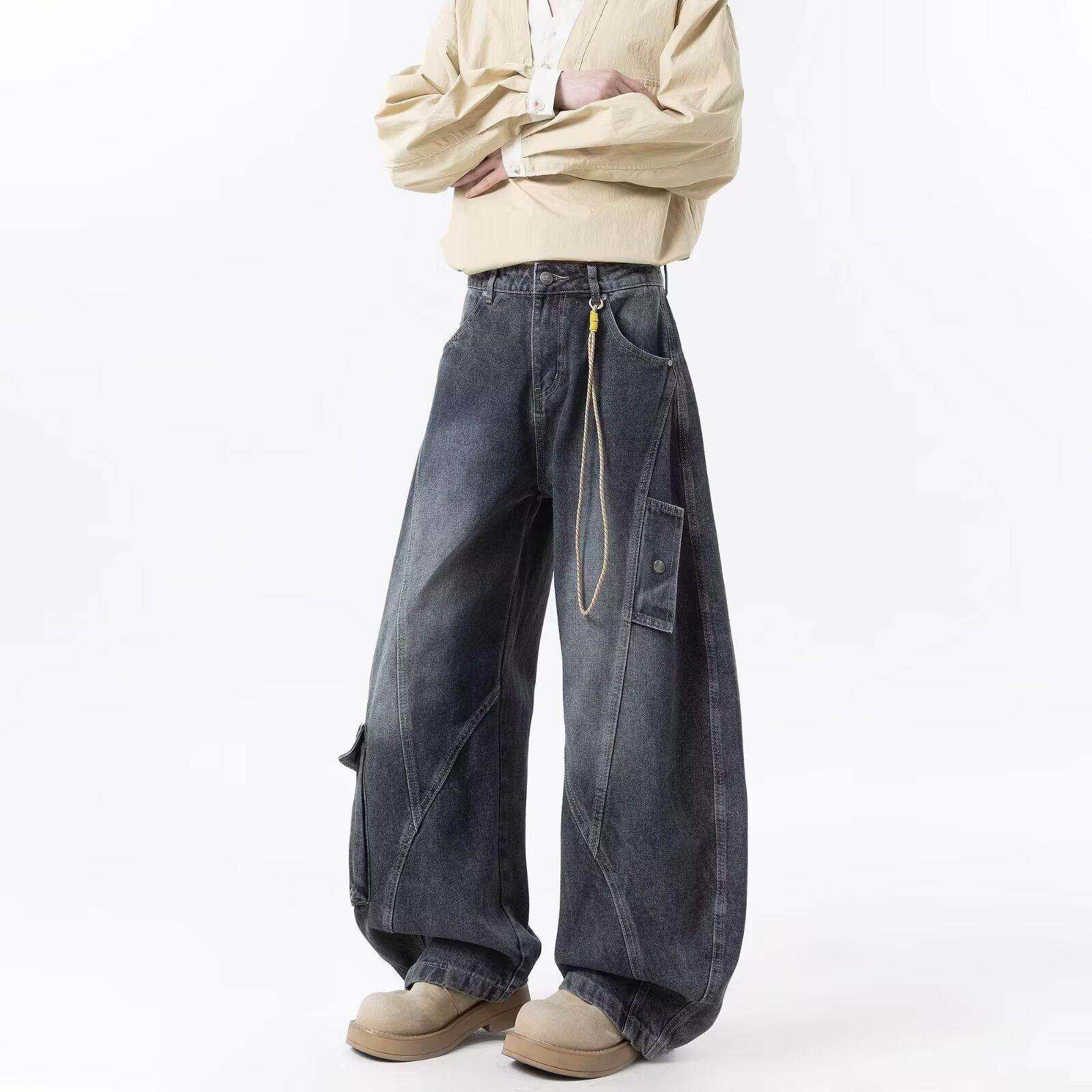 美式解构大口袋牛仔裤男秋水洗工装休闲裤青少年宽松阔腿长裤,男装,牛仔裤,淘宝优惠券,粉丝福利购,淘宝优惠卷