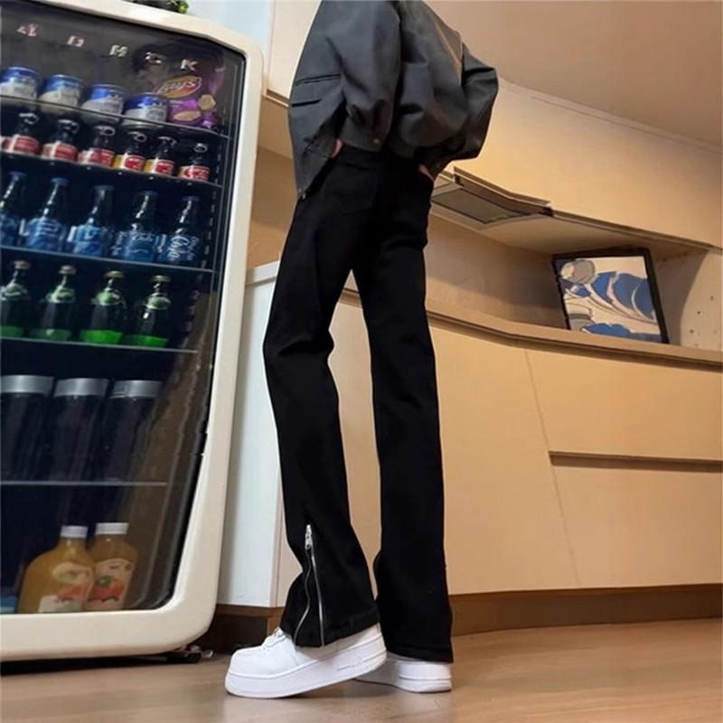 cleanfit黑色微喇牛仔裤男款侧拉链美式vibe裤子小众设计感直筒裤