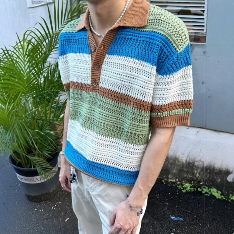 撞色条纹镂空针织短袖夏季男款痞帅复古翻领T恤韩系穿搭POLO衫