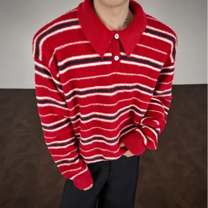 美式复古条纹polo领针织衫男款冬季韩系慵懒风毛衣老钱风翻领外套
