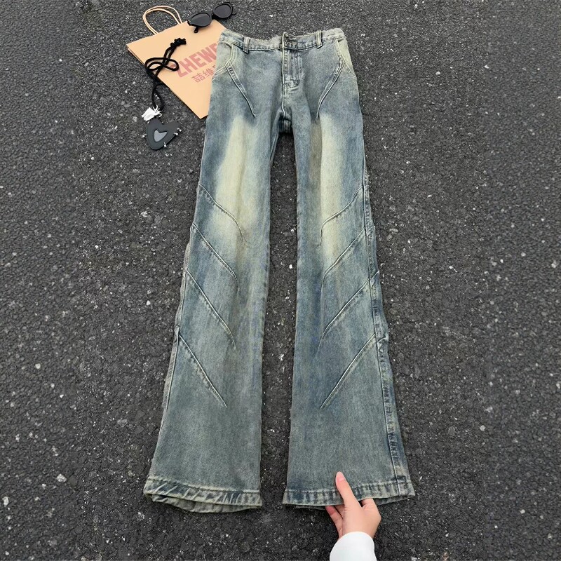 美式复古蓝褶皱牛仔裤男款潮牌