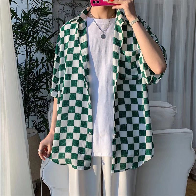 夏季冰丝薄款绿白棋盘格衬衫男