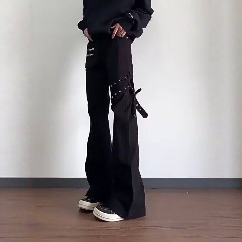 黑色绑带微喇牛仔裤男春秋新款美式高街设计感cleanfit工装弯刀裤