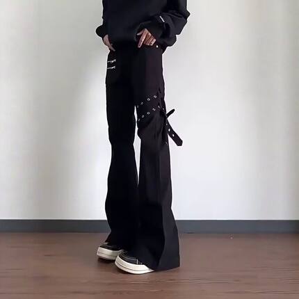 黑色绑带微喇牛仔裤男春秋新款美式高街设计感cleanfit工装弯刀裤