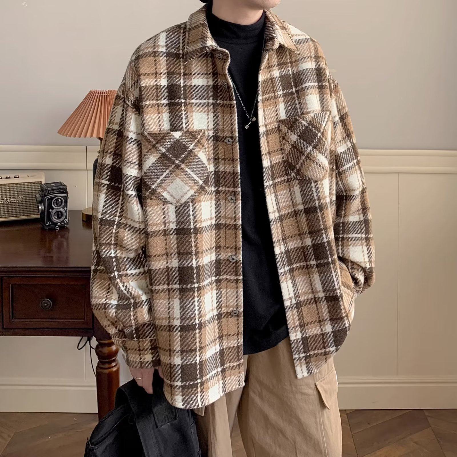 毛呢格子翻领外套男cityboy复古宽松衬衫夹克潮情侣春秋加厚衬衣