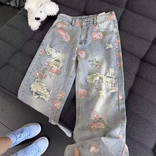 花卉满印牛仔裤男小众设计感破洞直筒微喇裤复古加长高腰显瘦裤子