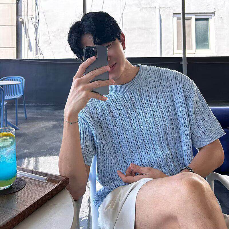 设计感镂空针织衫T恤男夏季宽松