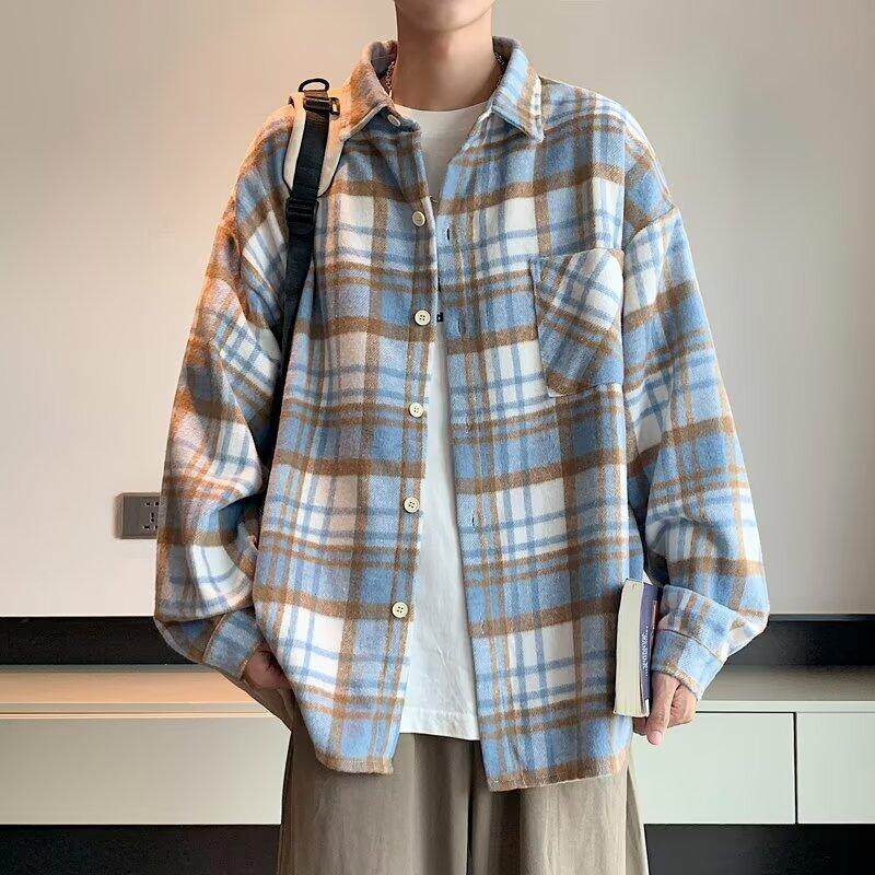格子毛呢衬衫男秋季套装高级感休闲宽松长袖衬衣学生痞帅宽松外套