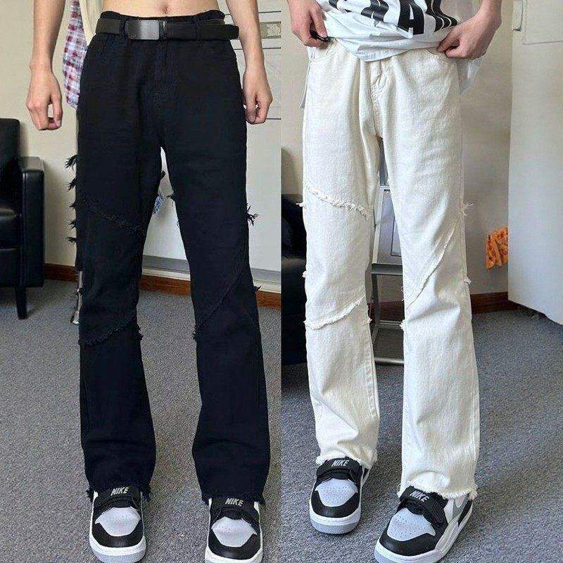 白色毛边微喇牛仔裤男款春秋vibe裤子美式高街cleanfit提裆弯刀裤