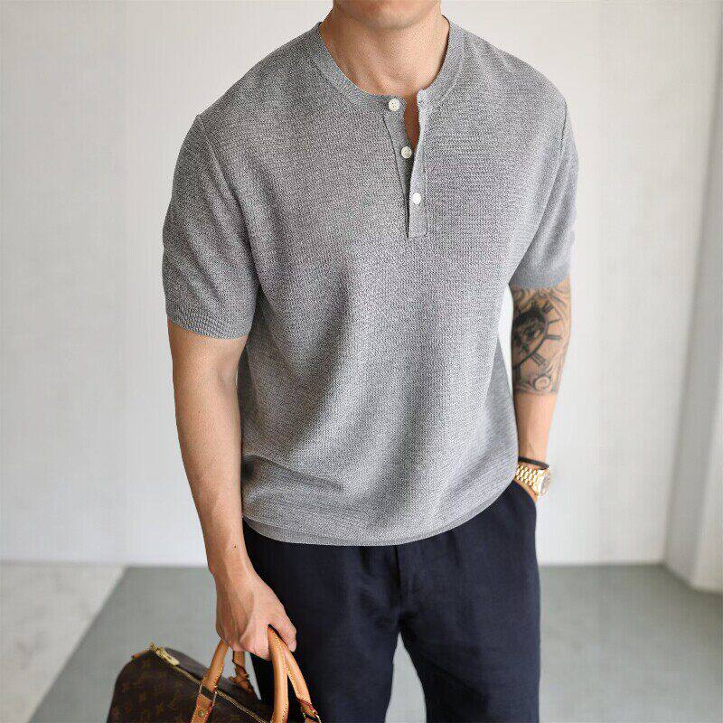 亨利领针织衫老钱风T恤男款夏季薄款cleanfit高级感休闲短袖半袖