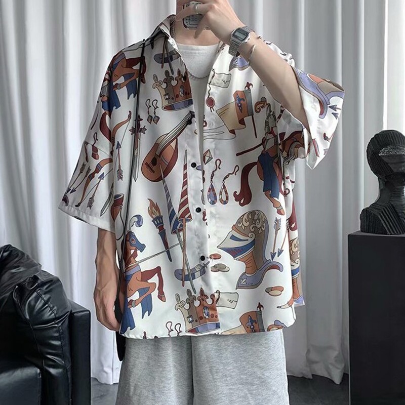 冰丝抗皱花衬衫男复古骑士乐器