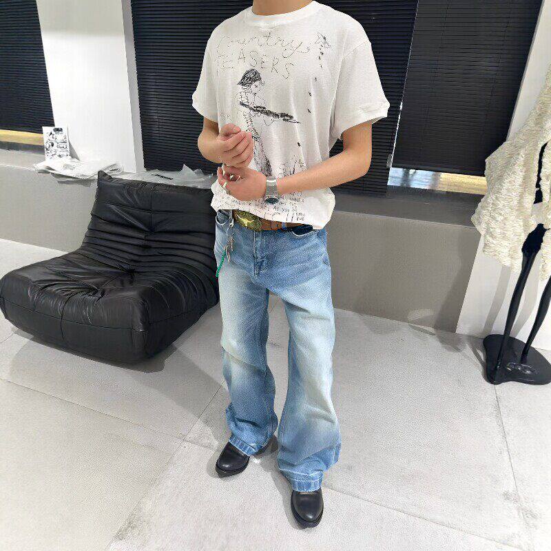水洗冰川蓝猫须牛仔裤男女款宽松