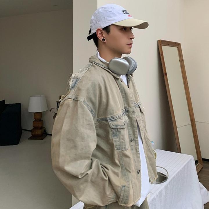 美式vintage黄泥色牛仔夹克重工废土风痞帅外套男女春秋季特大码
