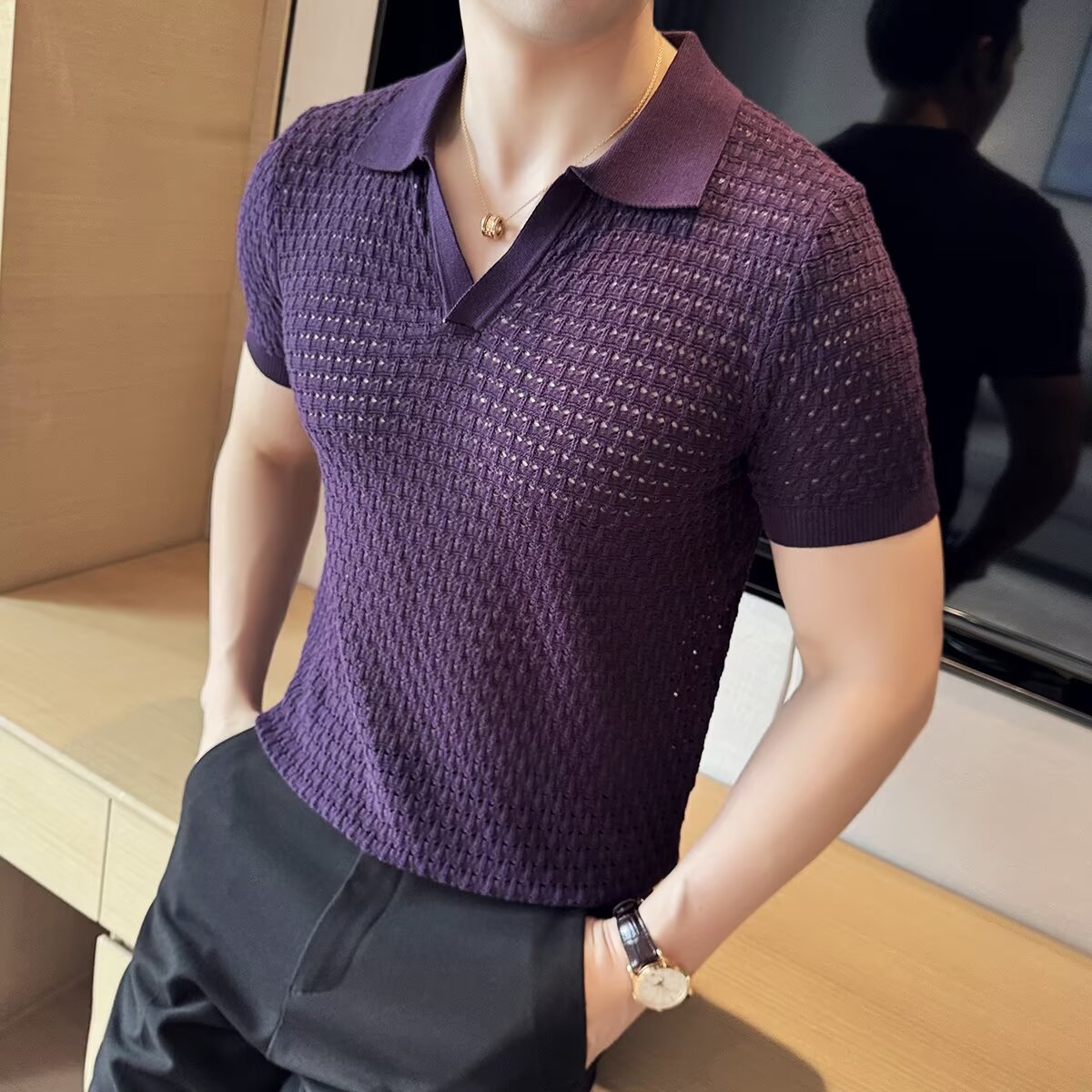 针织polo衫男款短袖修身潮流t恤2025新款高级感痞帅潮牌V领衣服