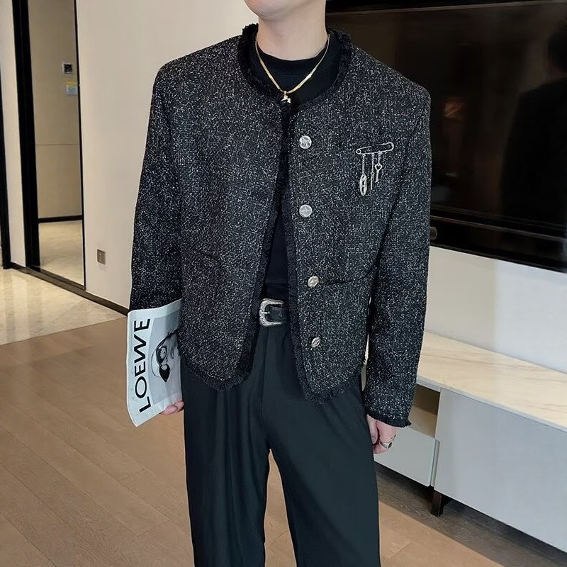 小香风秋冬高级垫肩设计感夹克男装网红小众短款痞帅百搭宽松外套