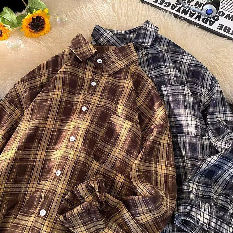 港风格子衬衫男潮牌古着vintage棕色长袖衬衣内搭秋季薄外套大码