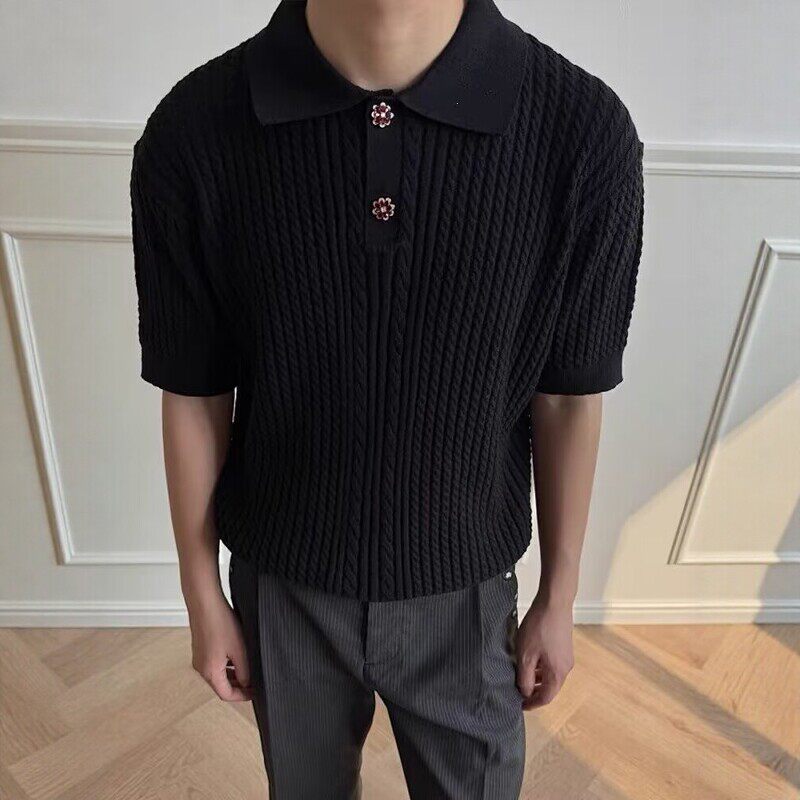 美式老钱风灰色针织短袖POLO衫