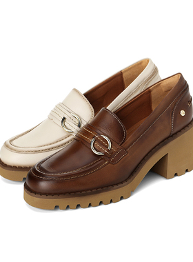 皇冠老店Pikolinos派高雁秋擦色牛皮粗高跟优雅乐福鞋PL224504