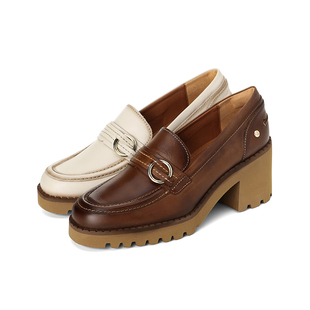 皇冠老店Pikolinos派高雁秋擦色牛皮粗高跟优雅乐福鞋PL224504