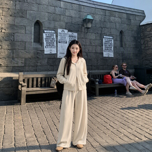 Tinglikes大码女装慵懒风休闲套装女秋连帽开衫阔腿裤两件套减龄