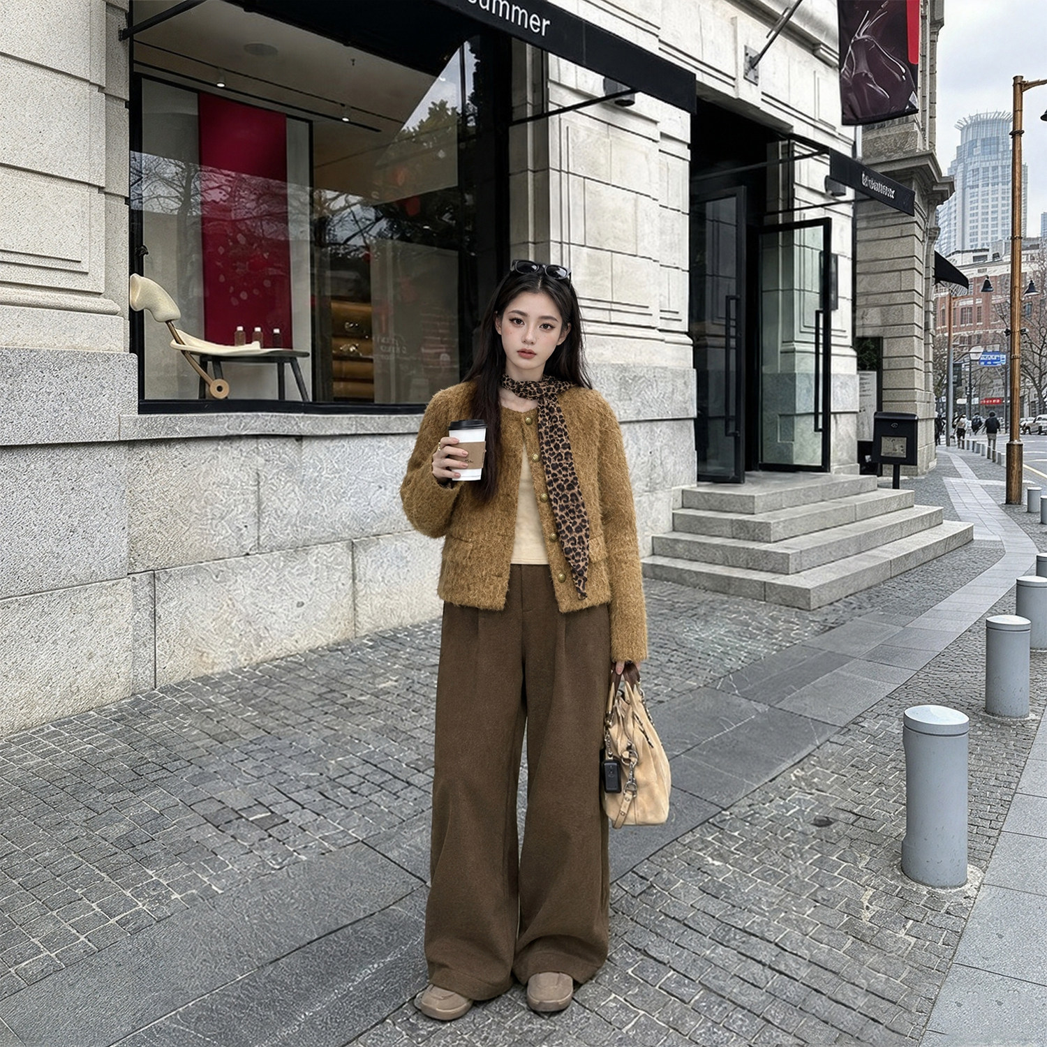 Tinglikes大码女装复古老钱风金扣小香风外套女秋冬咖色长裤套装