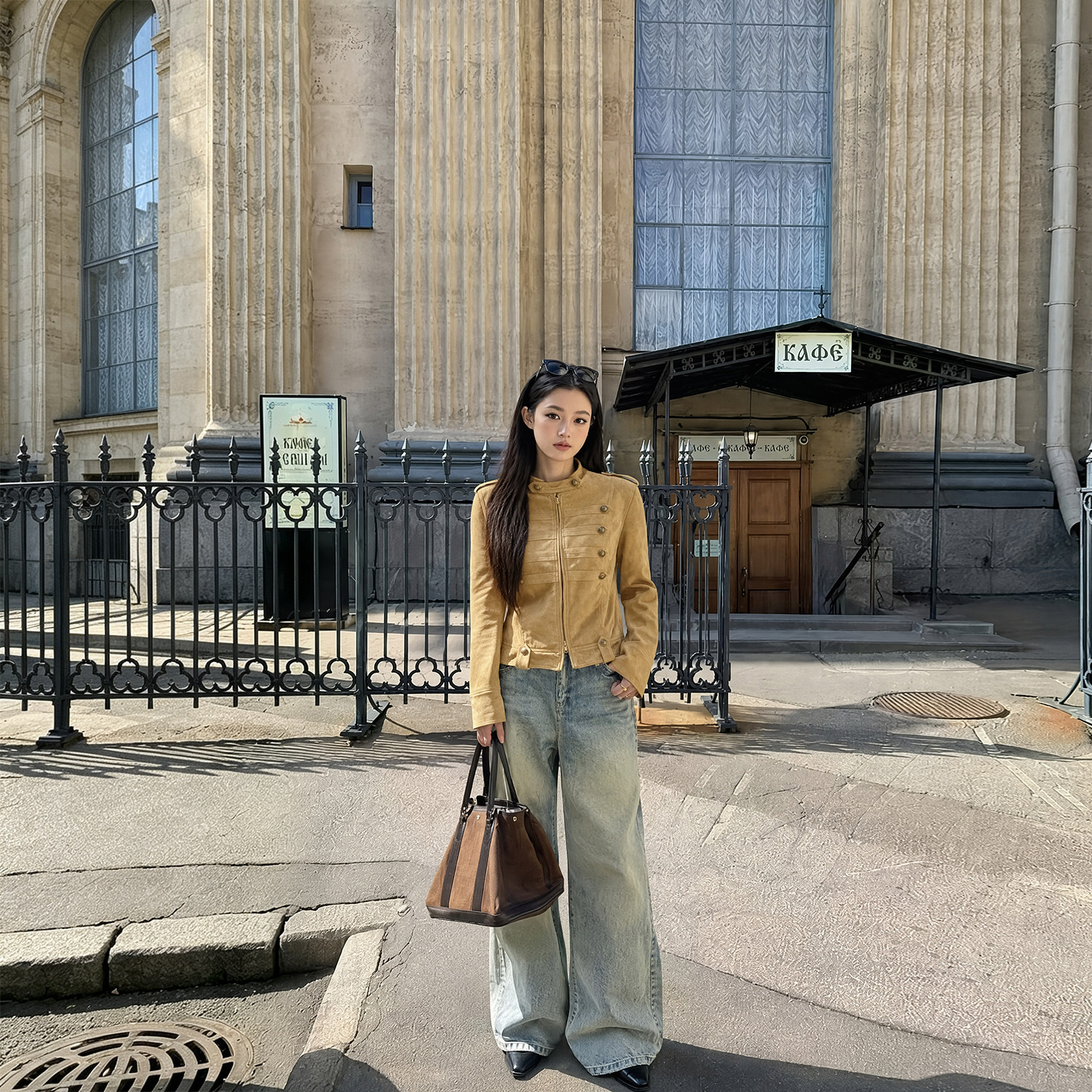 韩系复古双排扣外套女套装牛仔裤