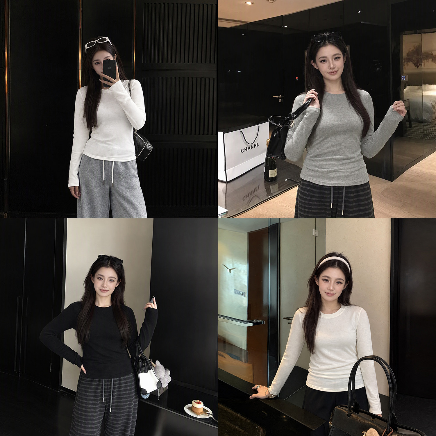 Tinglikes大码女装胖mm秋季圆领长袖T恤女修身显瘦打底衫四色上衣