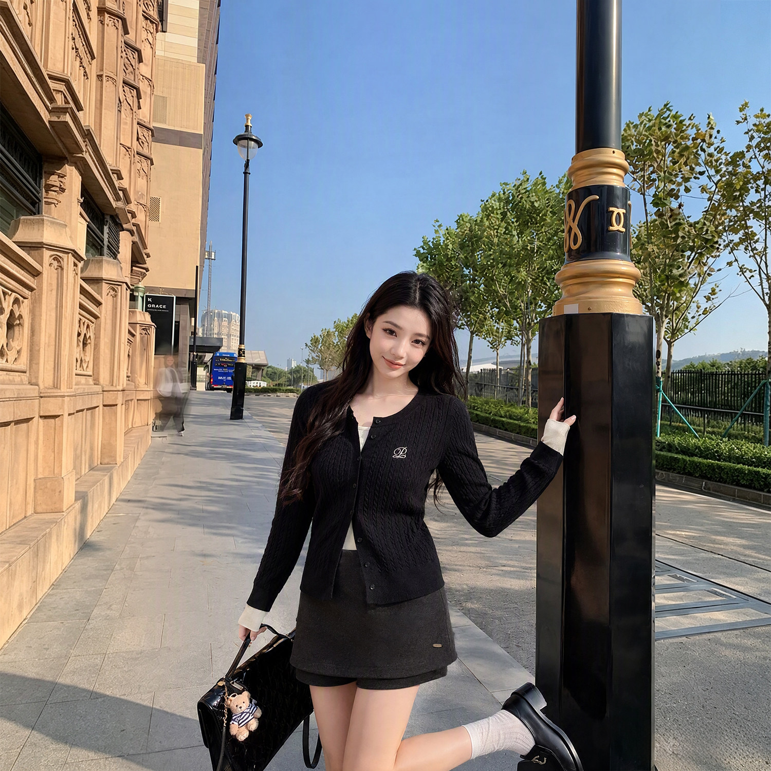 Tinglikes大码女装胖mm韩系黑色提花针织开衫A字短裙修身气质套装