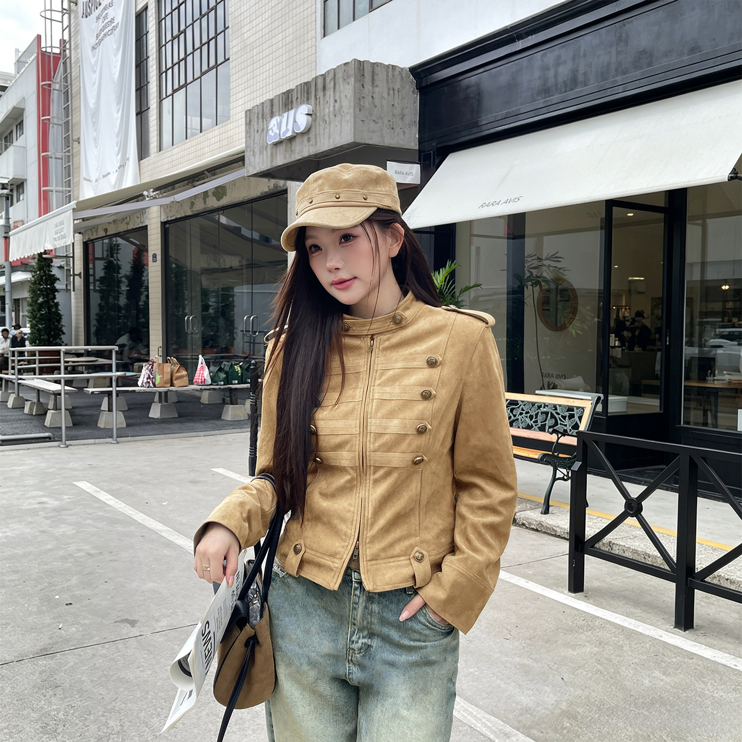 Tinglikes大码女装胖mm韩版复古立领双排扣短外套女牛仔裤两件套