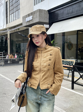 立领双排扣短外套女牛仔裤两件套
