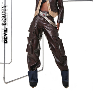【现货】DevilBeauty新款美拉德长裤女高腰多口袋皮裤阔腿休闲裤
