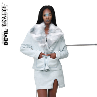 【现货】DevilBeauty可拆卸毛领外套女宽松双排扣保暖针织上衣