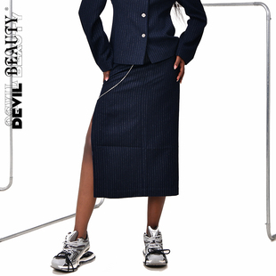 【现货】DevilBeauty新款条纹半身裙女高腰修身半裙开叉包臀裙