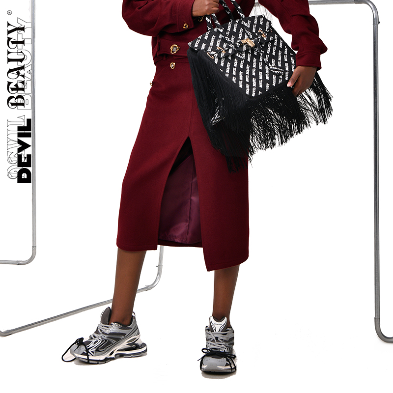 【现货】Devil Beauty高腰前开叉半身裙女中长款红色毛呢A字裙